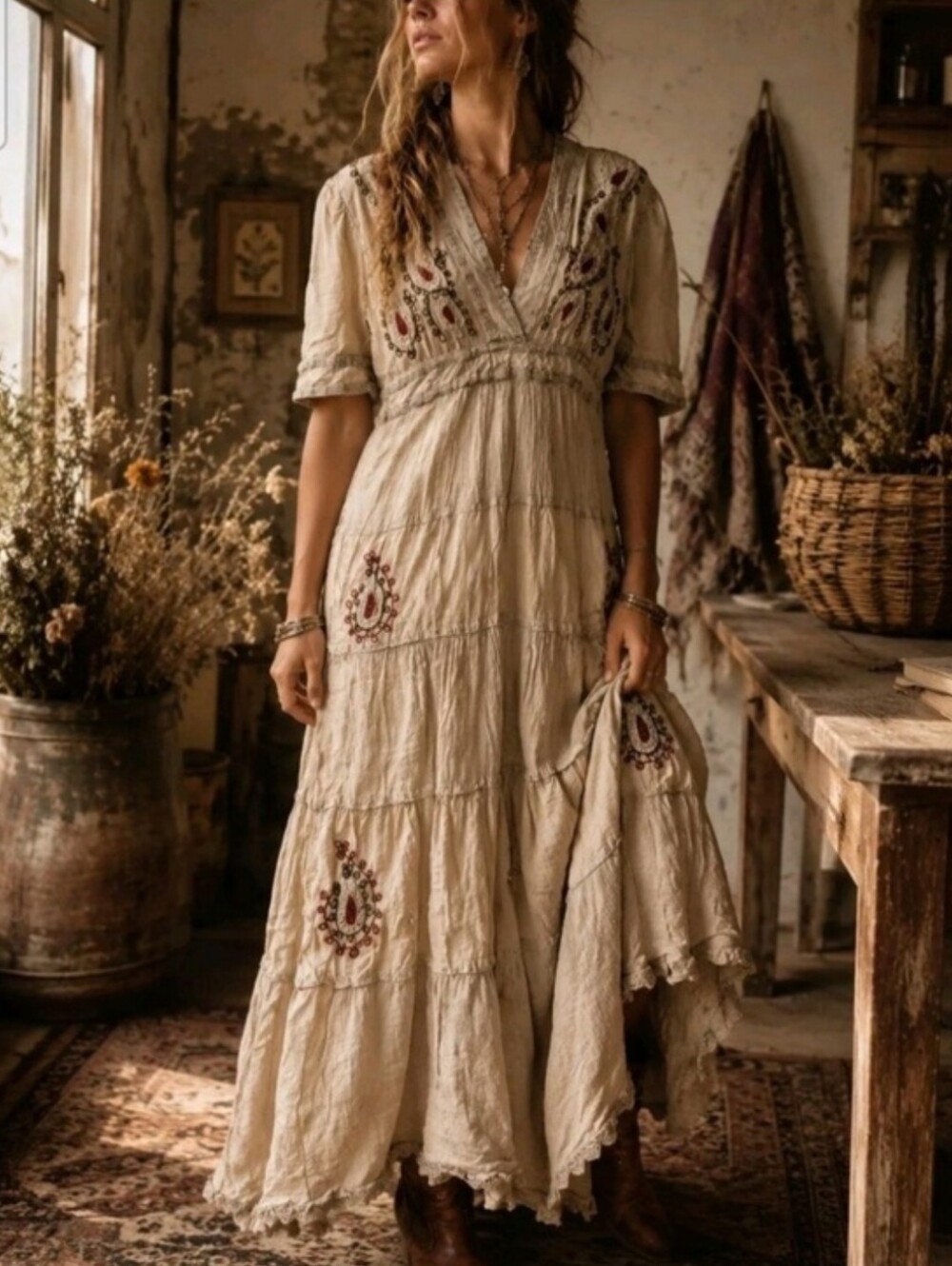 Bohemian Cottagecore Cream/Taupe Embroidered V-Neck Maxi Dress